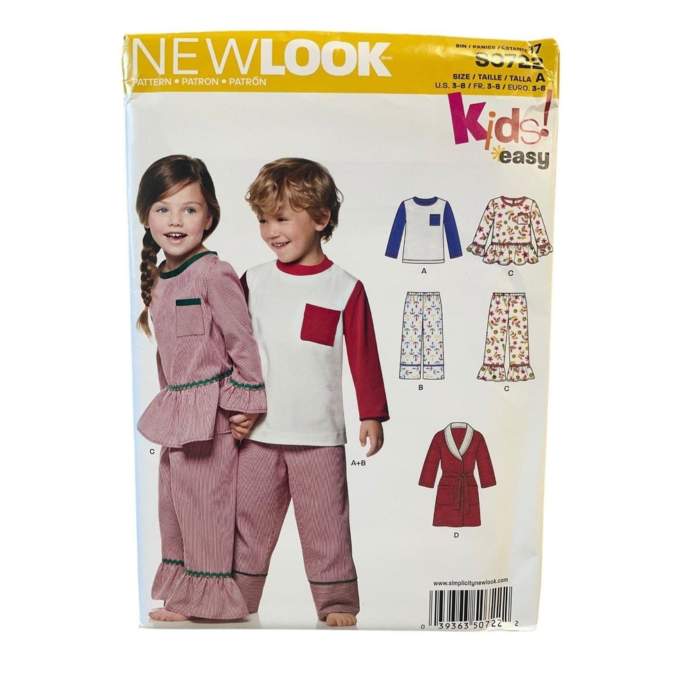 New Look Sewing Pattern Kids 3-8 White S0722 Pajamas Robe Sleepwear Easy Uncut